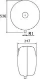 Rundes Druckausdehnungsgefäß in schematischer Darstellung mit einem zentralen Anschluss und einer Höhe von 536 mm. Produkt von IMI Hydronic Engineering.